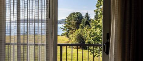 A room with a view of a grassy area and trees, a balcony with a railing, and a door with curtains.