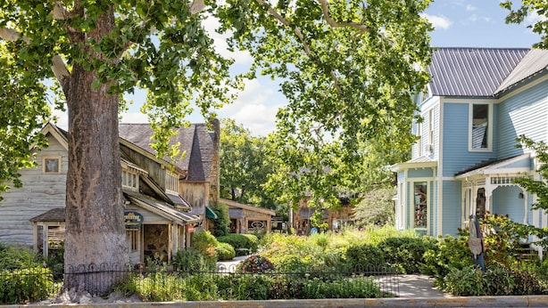 Une rangée de maisons traditionnelles en bois, avec un jardin bien entretenu et une rue dégagée devant.