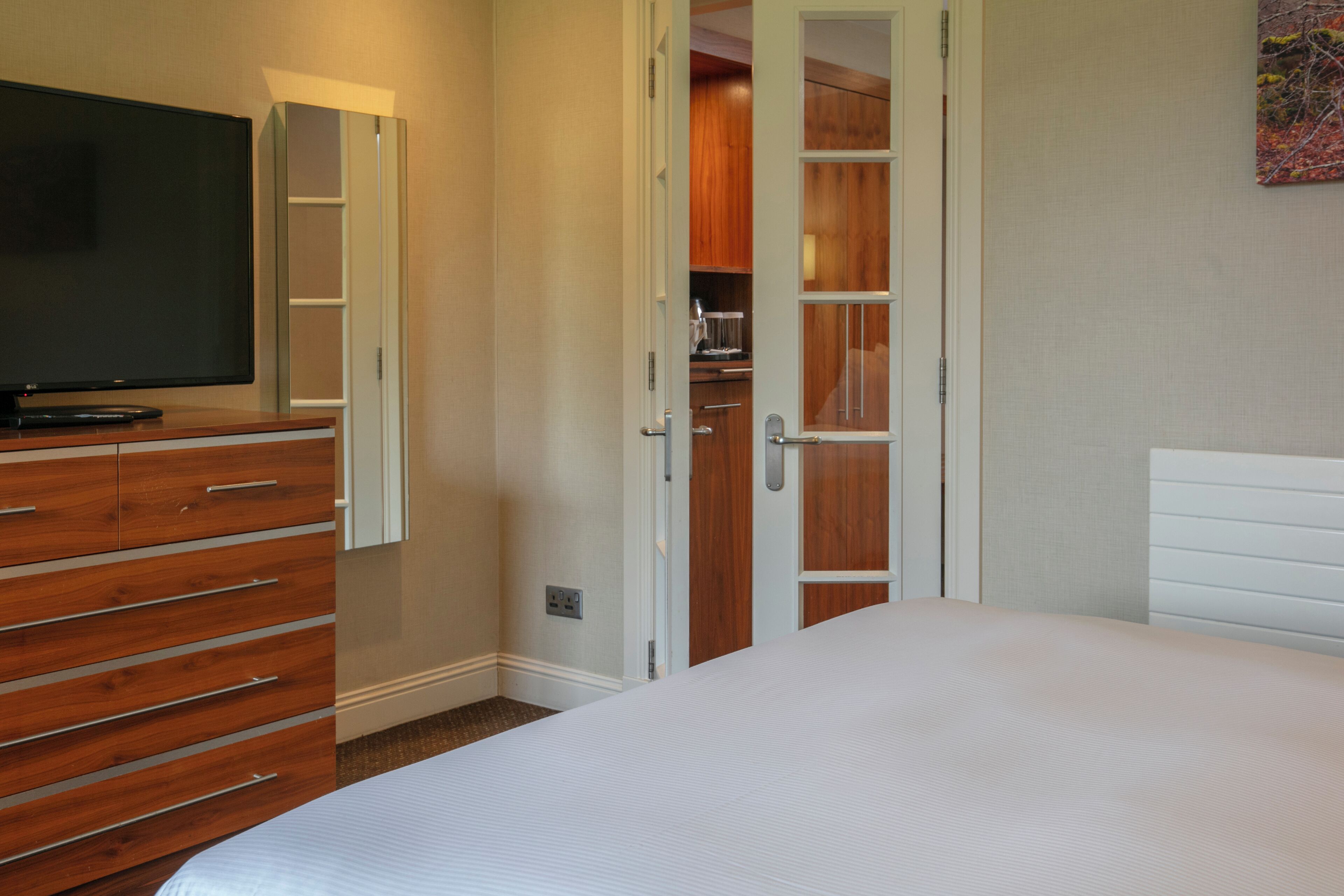A bedroom with a bed, a dresser, a television, and a closet.