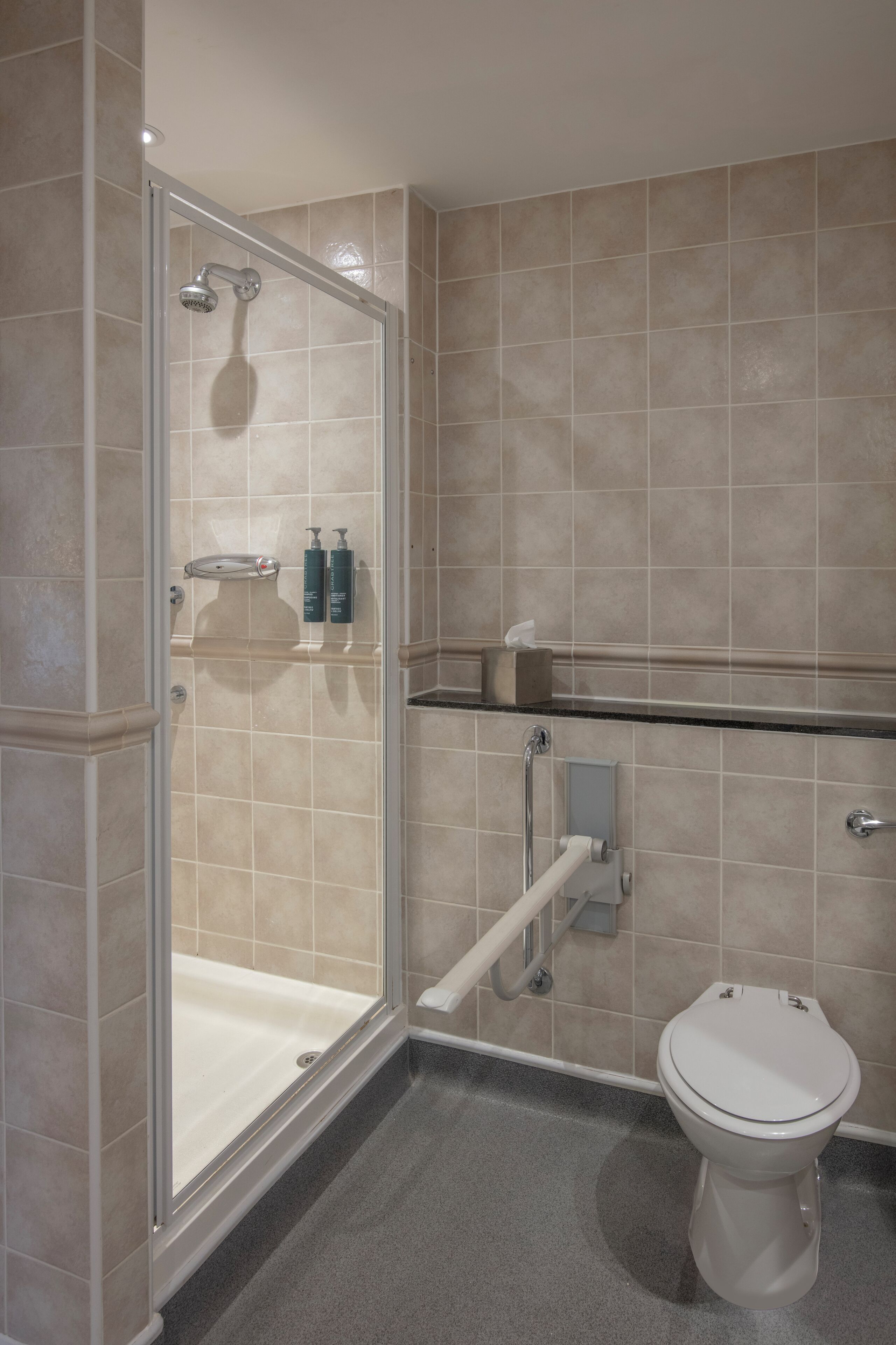 A bathroom with a glass-enclosed shower, a toilet, and a shelf with toiletries.