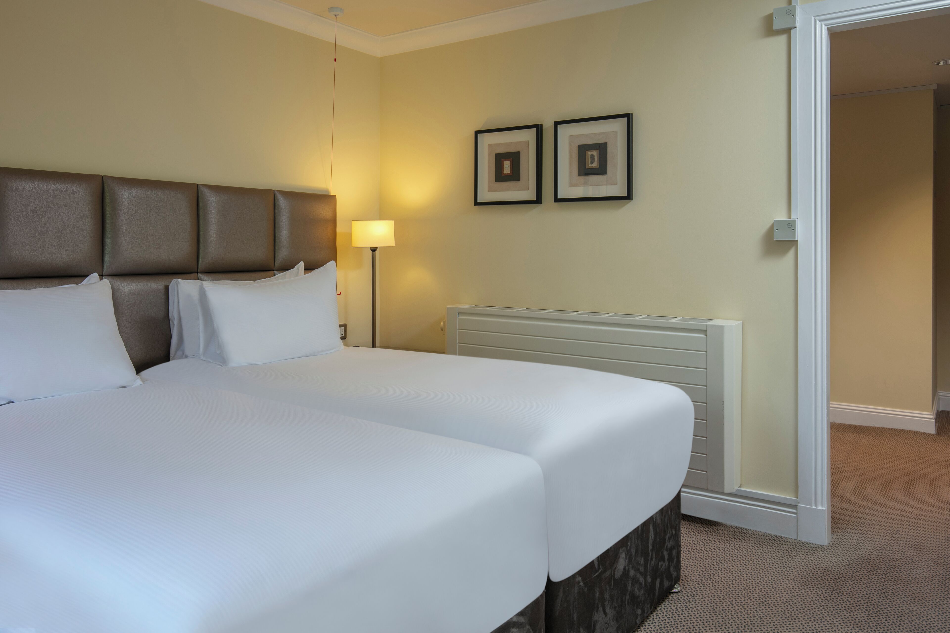 A double bed with white linens, a brown headboard, and a bedside table with a lamp. There are two framed pictures on the wall.