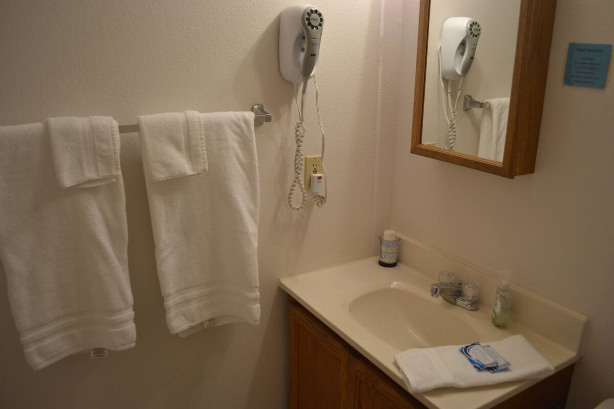 A bathroom with two towels hanging on a towel rack, a hairdryer mounted on the wall, a sink with a mirror above it, and a small bottle of hand soap on the sink counter.