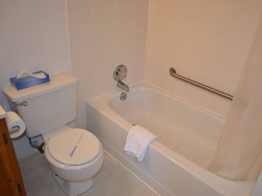A bathroom with a toilet, a bathtub with a grab bar, and a roll of toilet paper on the counter.