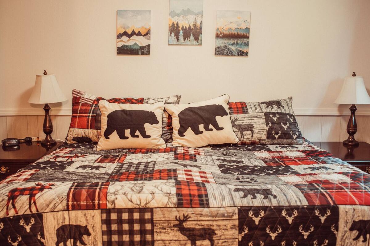 A bed with a quilt featuring animal prints, two bedside lamps, and three wall-mounted paintings of landscapes.