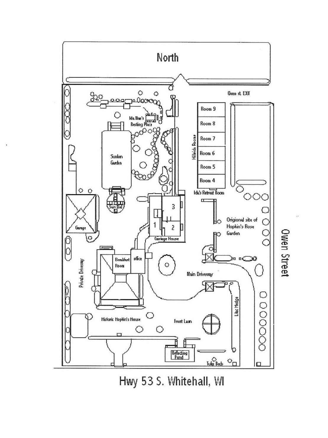 A floor plan of a hotel with a private driveway, a garage, a breakfast room, a carriage house, a sunken garden, and a tulip bed.