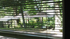 Una ventana con persianas horizontales, vista a un estacionamiento y un edificio con una estructura cubierta.