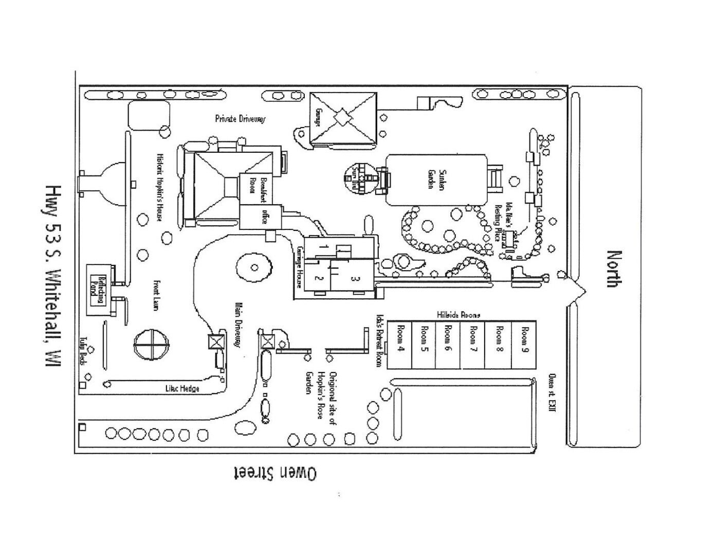 A floor plan of a hotel with a private driveway, a garden, and multiple rooms including a garden room.