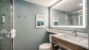 A bathroom with a glass shower enclosure, a toilet, a sink, and a mirror.