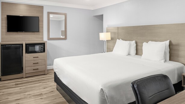 A hotel room with a large bed, a desk, a flat-screen TV, a microwave, and a small refrigerator. - Lone Oak Lodge (Monterey)