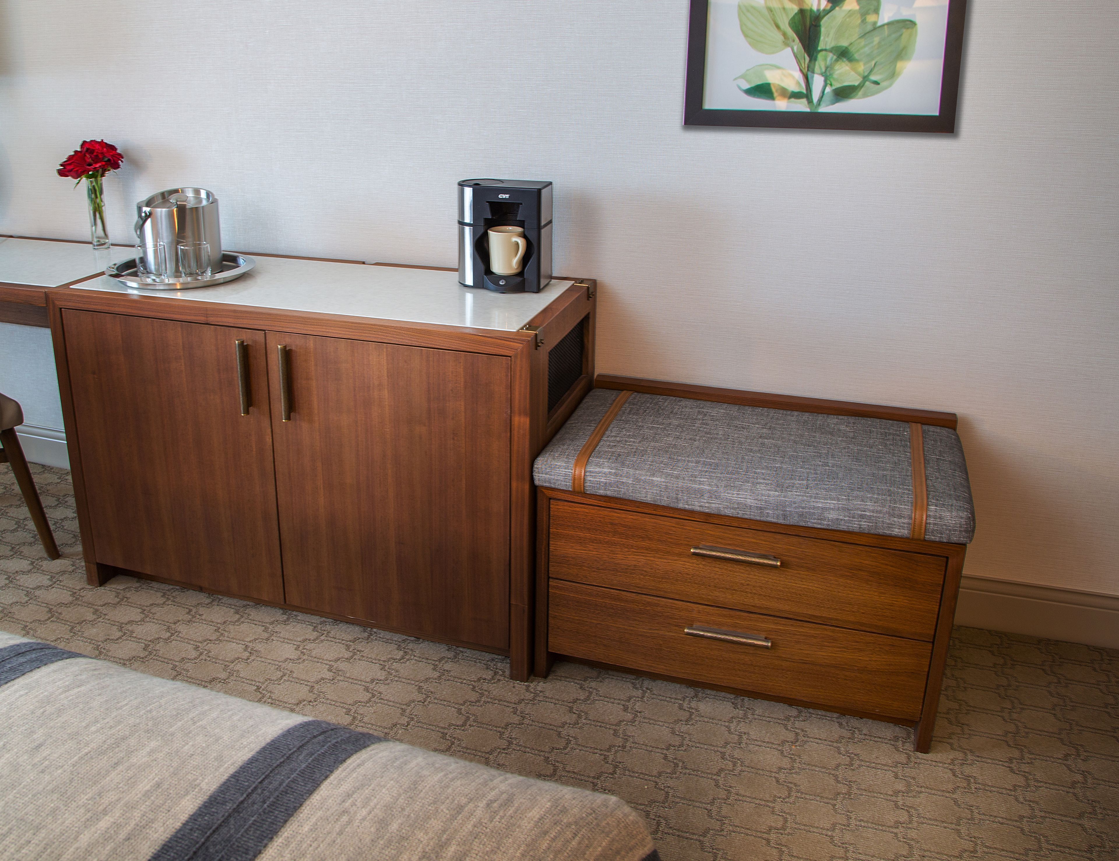 pillow-top beds, desk, laptop workspace, blackout curtains