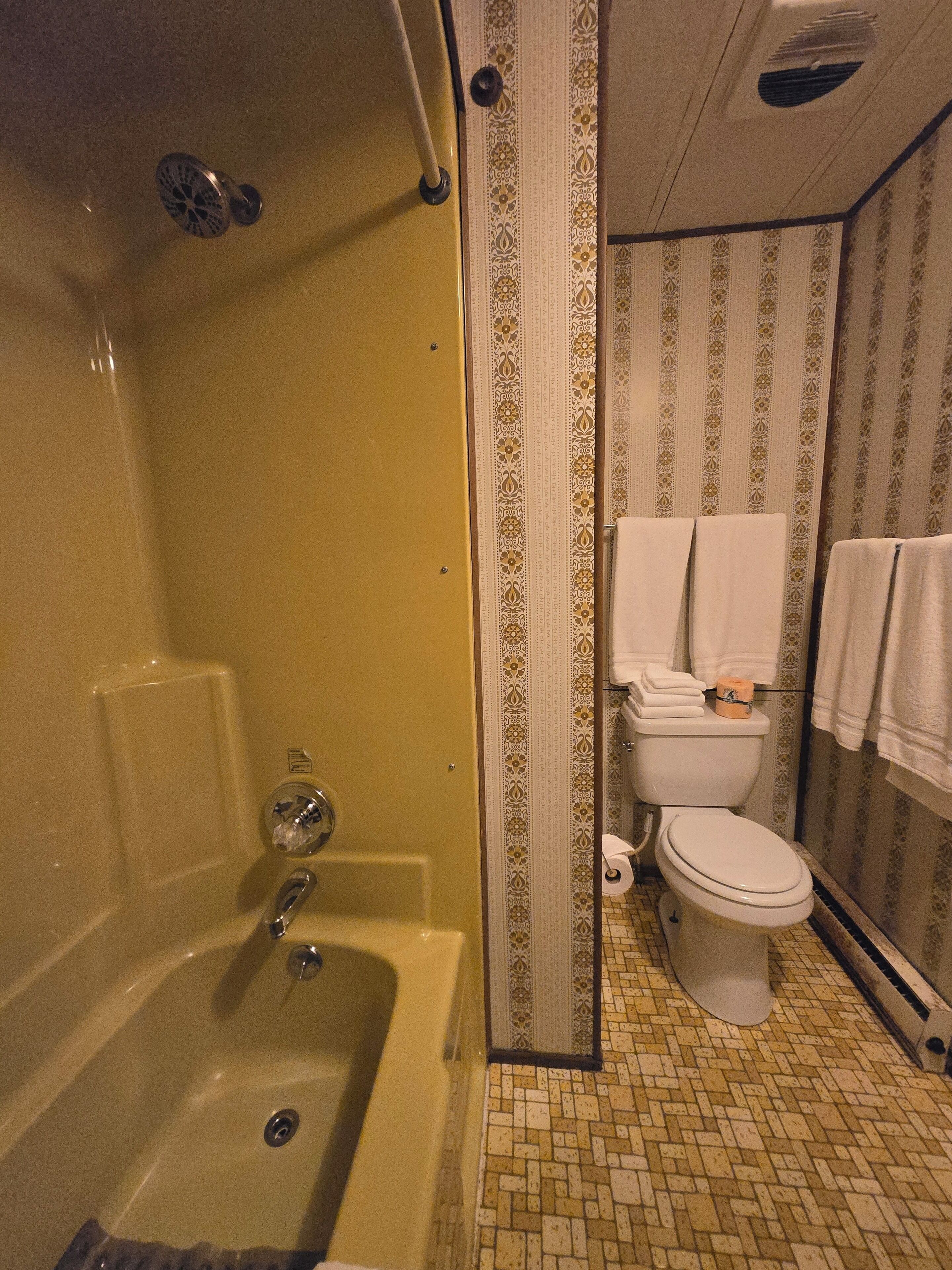 Ein Badezimmer mit Badewanne, Toilette und Duschvorhang.