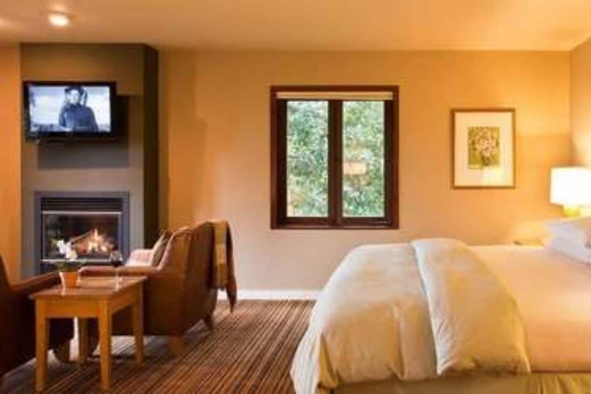 A hotel room with a bed, a television mounted on the wall, a fireplace, and a window with a view of greenery.