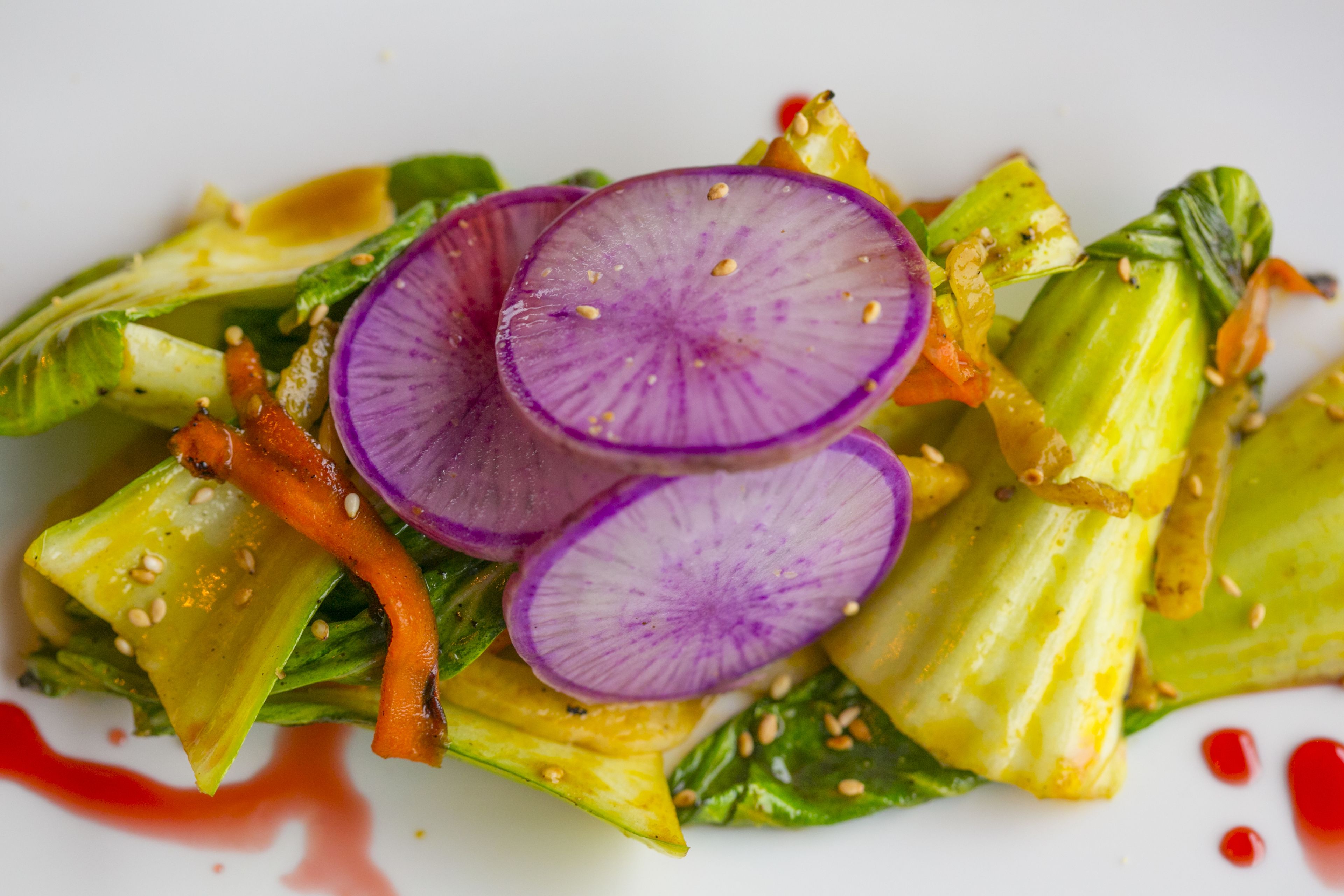 A close-up of a colorful vegetable dish with radish slices and sesame seeds.