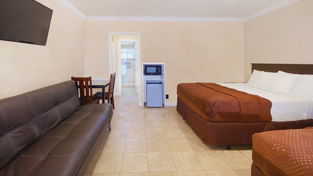A hotel room with a brown sofa, a bed with white linens, and a small desk with a television.