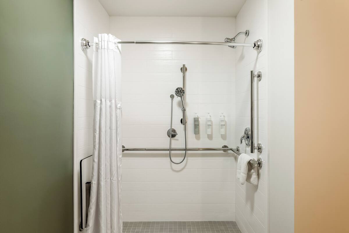 Room, 1 King Bed, Accessible (Mobility & Hearing, Roll-in Shower) | Bathroom | Combined shower/tub, free toiletries, hair dryer, towels