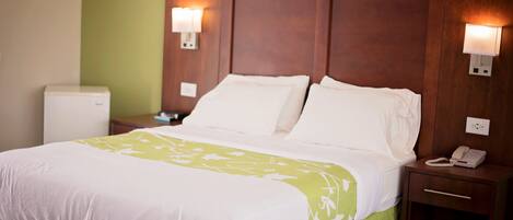 Una habitación de hotel con cama, mesitas de noche, teléfono y lámpara de pared.