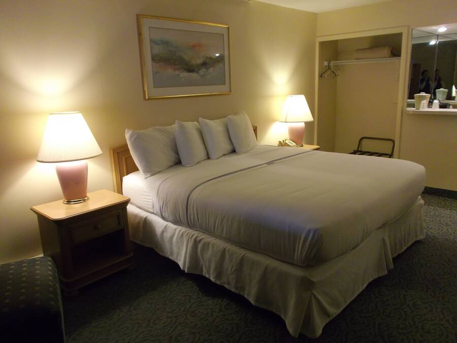 A hotel room with a large bed, two bedside lamps, a painting on the wall, and a mirror above the bed.