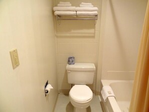 Combined shower/bathtub, free toiletries, hair dryer, towels