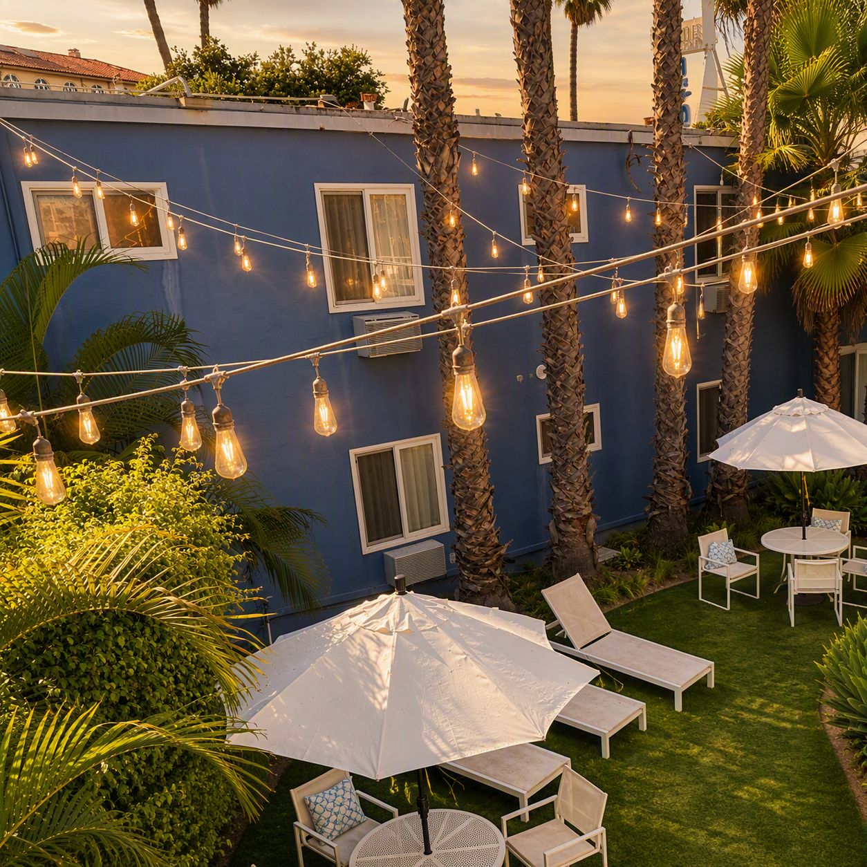 Un edificio azul con múltiples ventanas, terraza al aire libre con sombrillas y luces colgantes.