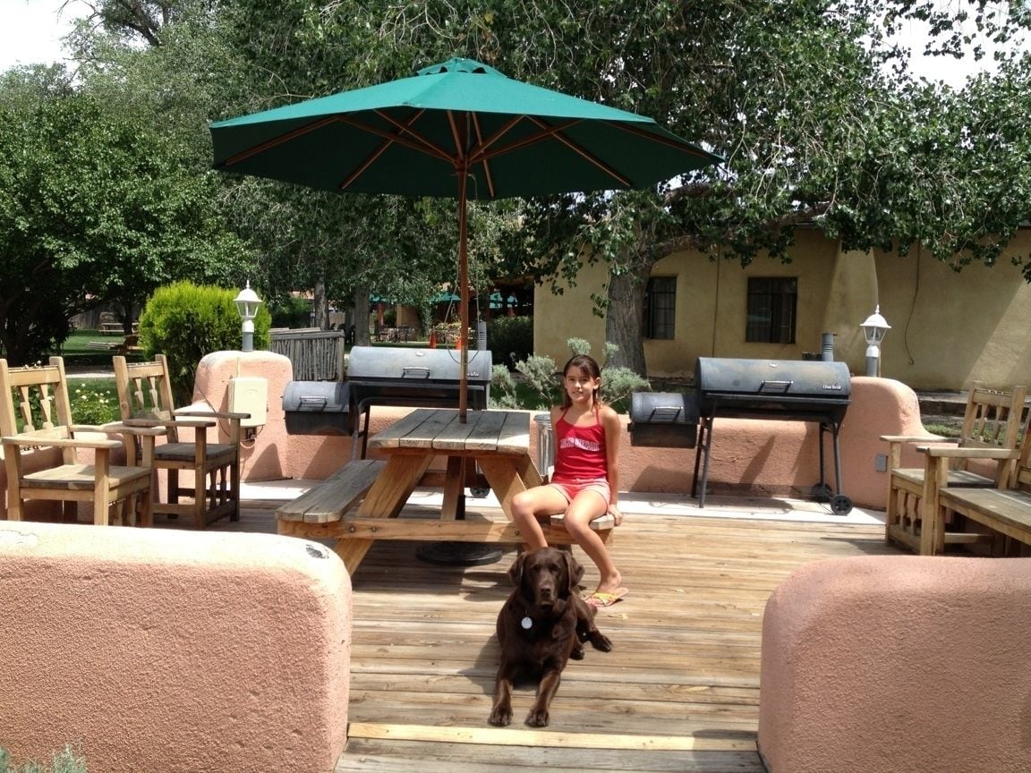 En terrasse med havemøbler, en hund og en kvinde siddende under en grøn parasol.