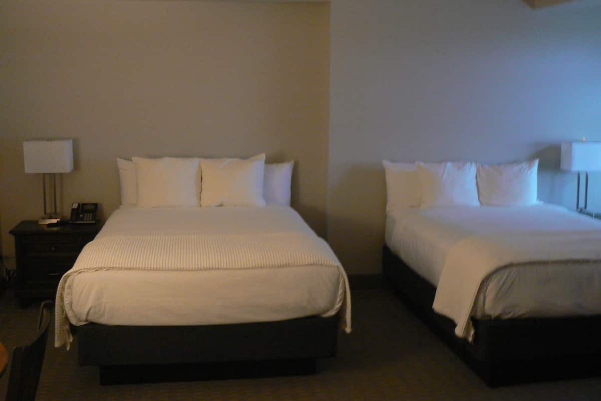 Deux lits avec du linge de lit blanc dans une chambre d’hôtel.