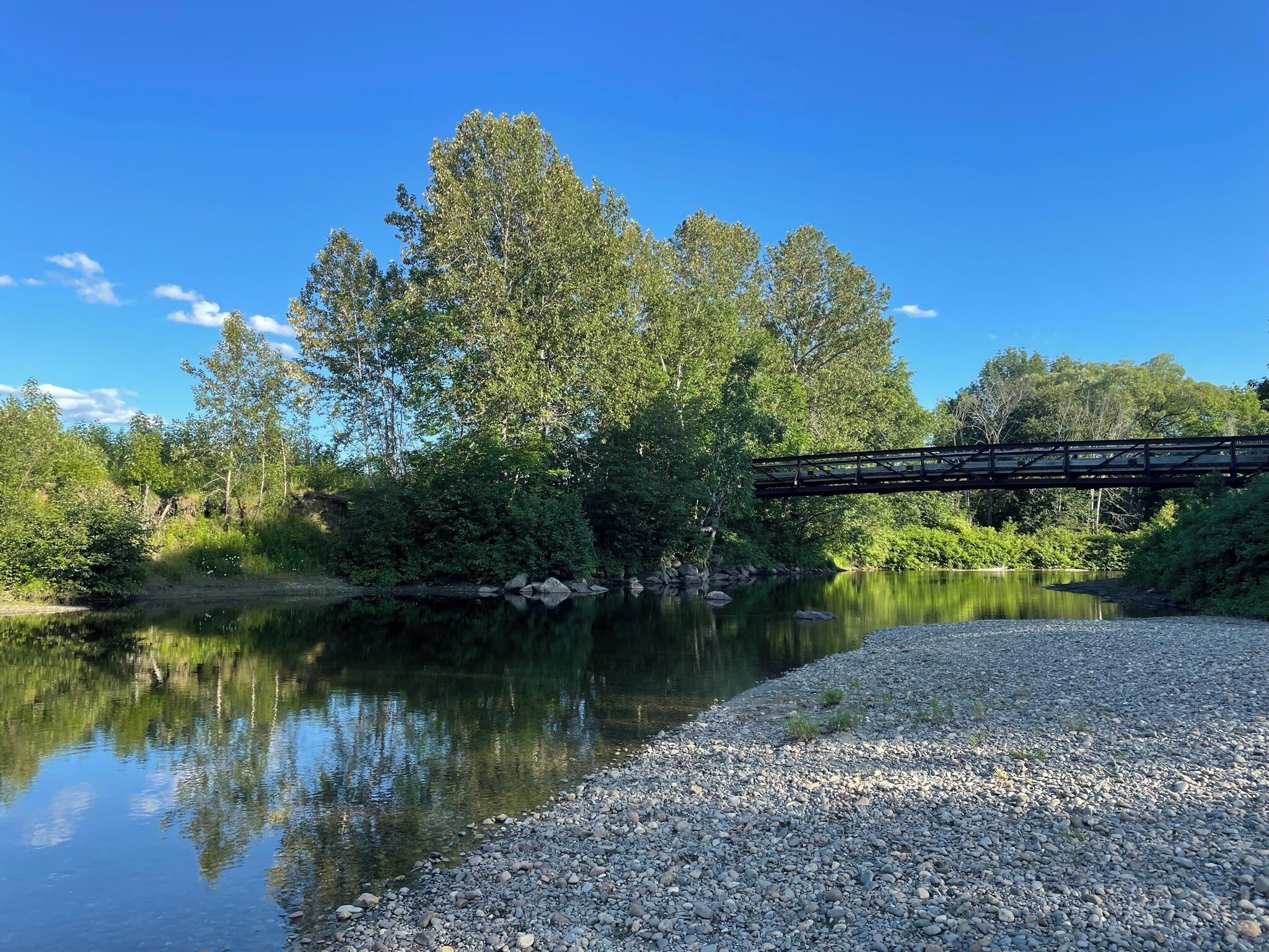 A calm river with a wooden bridge, surrounded by dense trees and a clear sky.