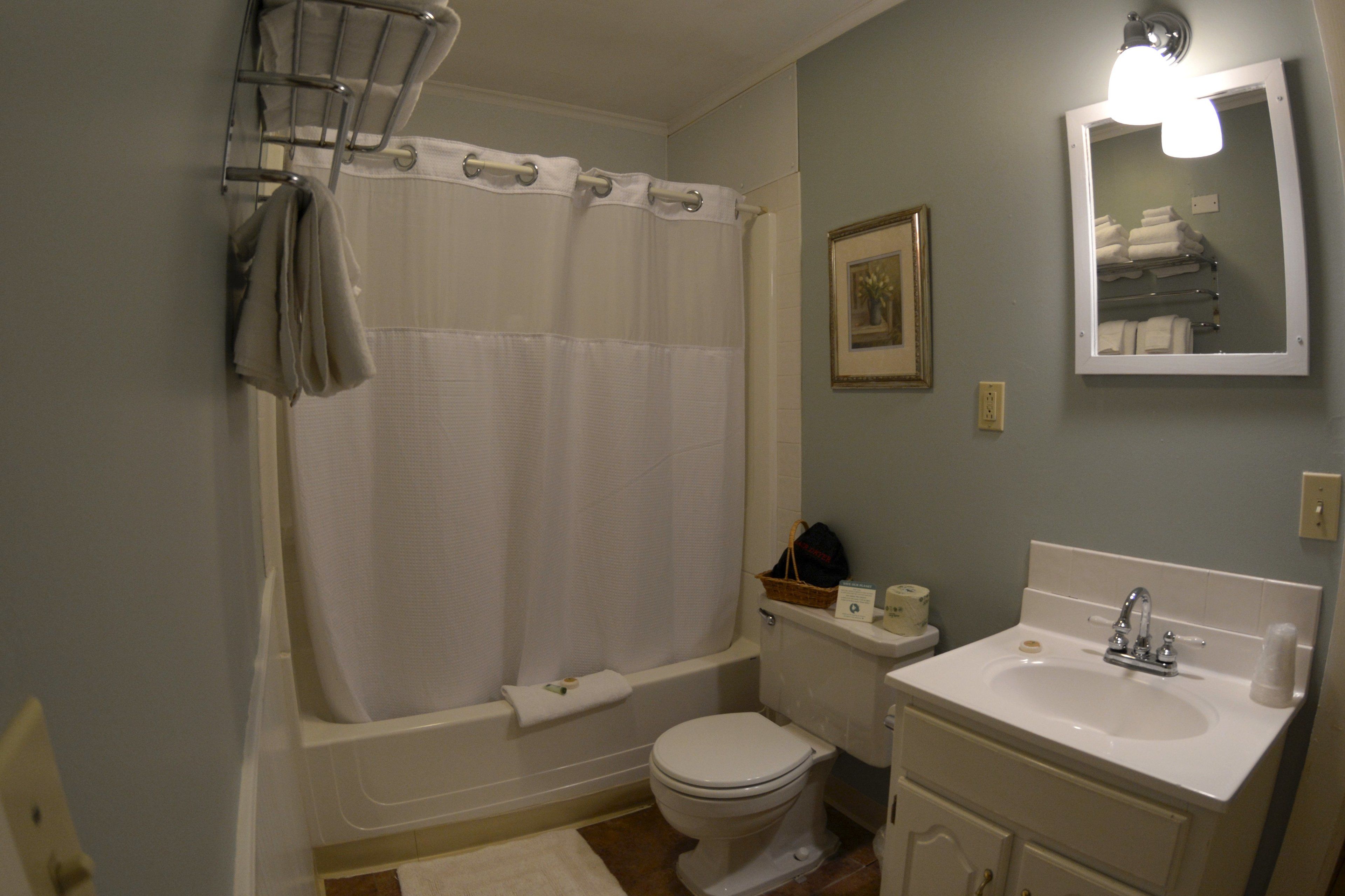 Ein Badezimmer mit Badewanne, Toilette, Waschbecken und Spiegel.