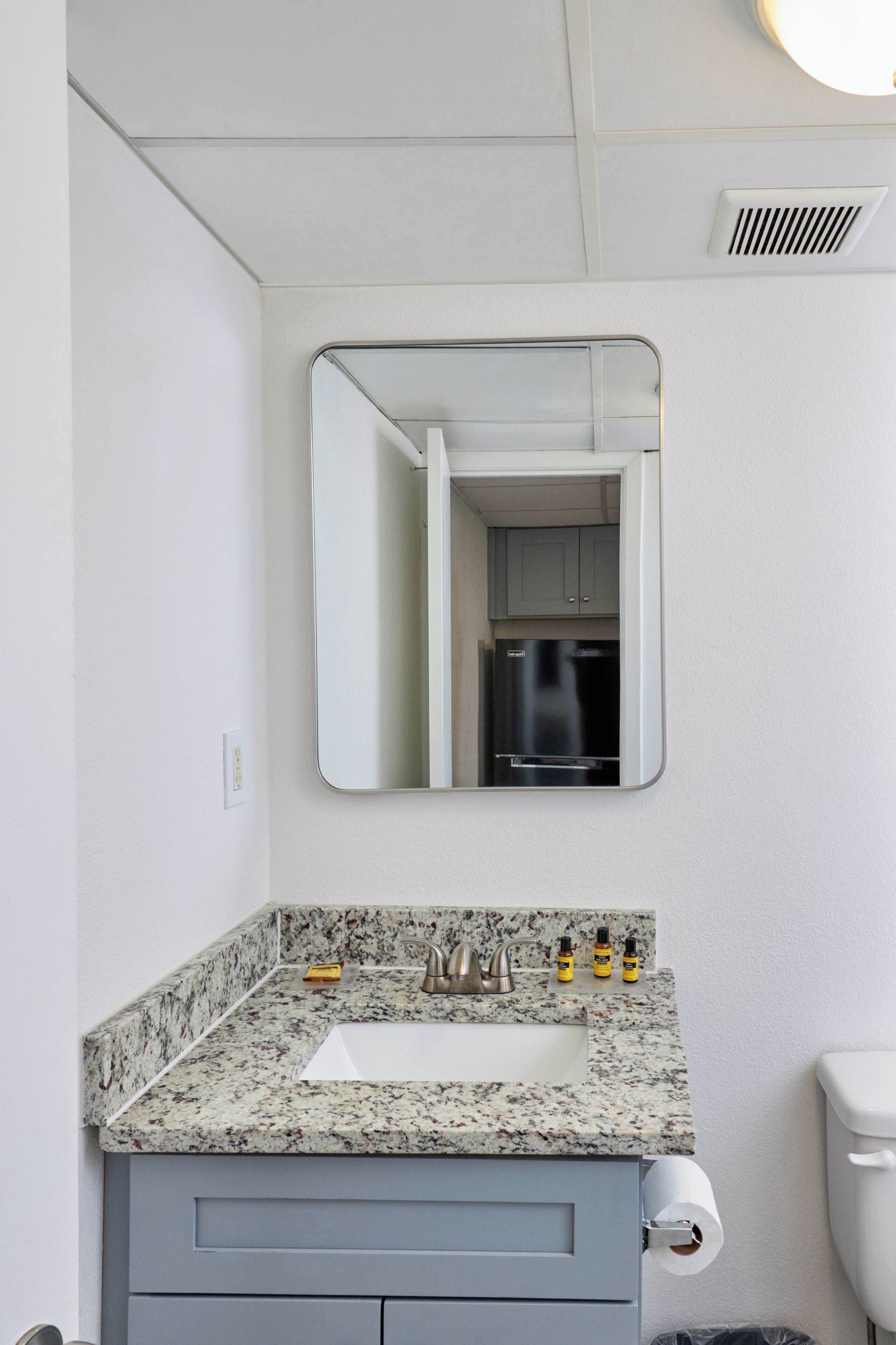 A bathroom with a granite countertop sink, a mirror, a toilet, and a trash bin.