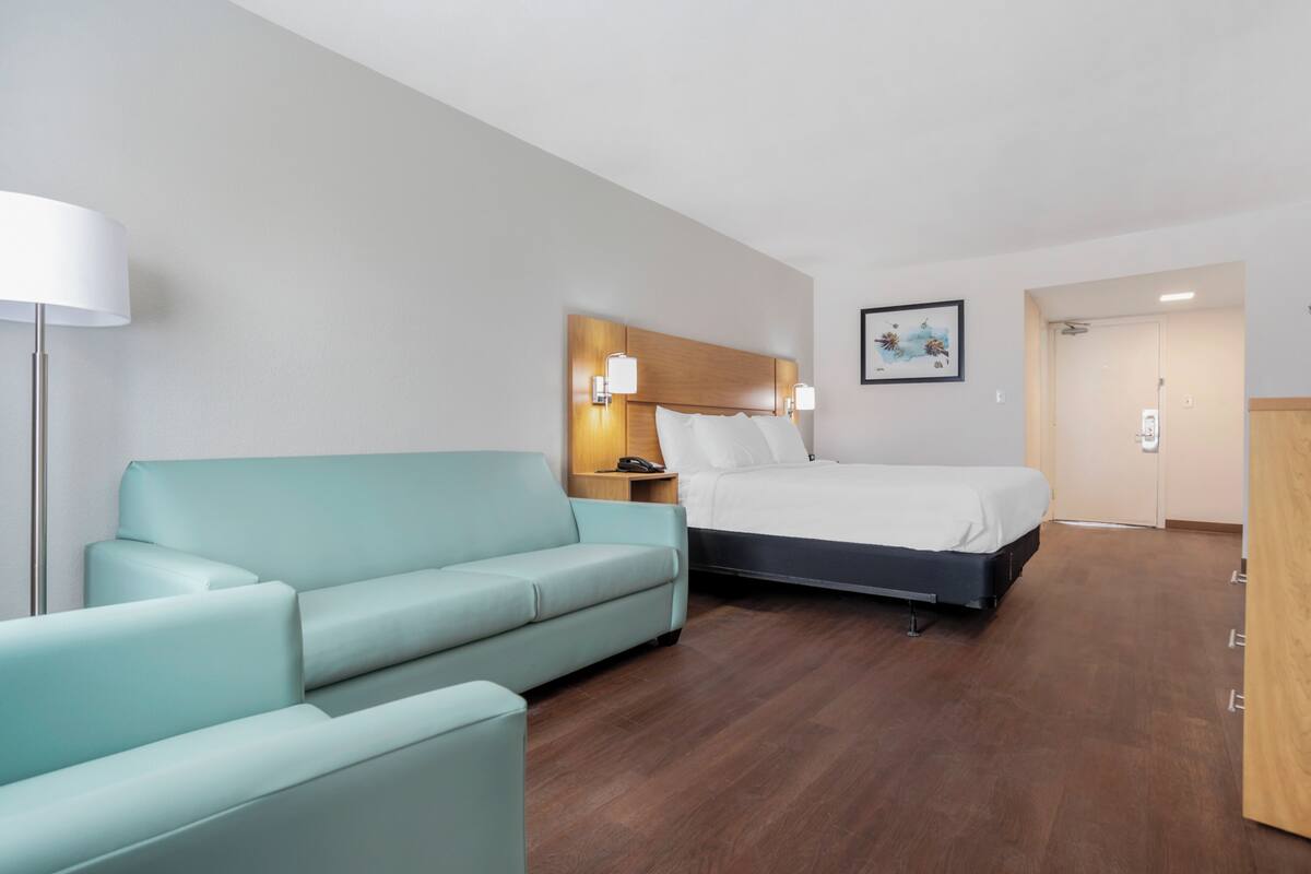 A hotel room with a bed, a sofa, a nightstand, a lamp, and a painting on the wall.