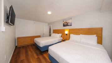 Habitación de hotel con dos camas, cabecero de madera, televisor de pantalla plana y un cuadro en la pared.