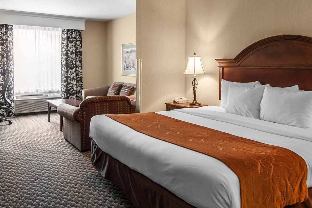 Une chambre d’hôtel avec un grand lit, un bureau, une chaise, une lampe et une fenêtre avec des rideaux.