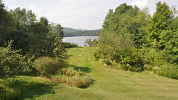 A grassy area with trees and a lake in the background.