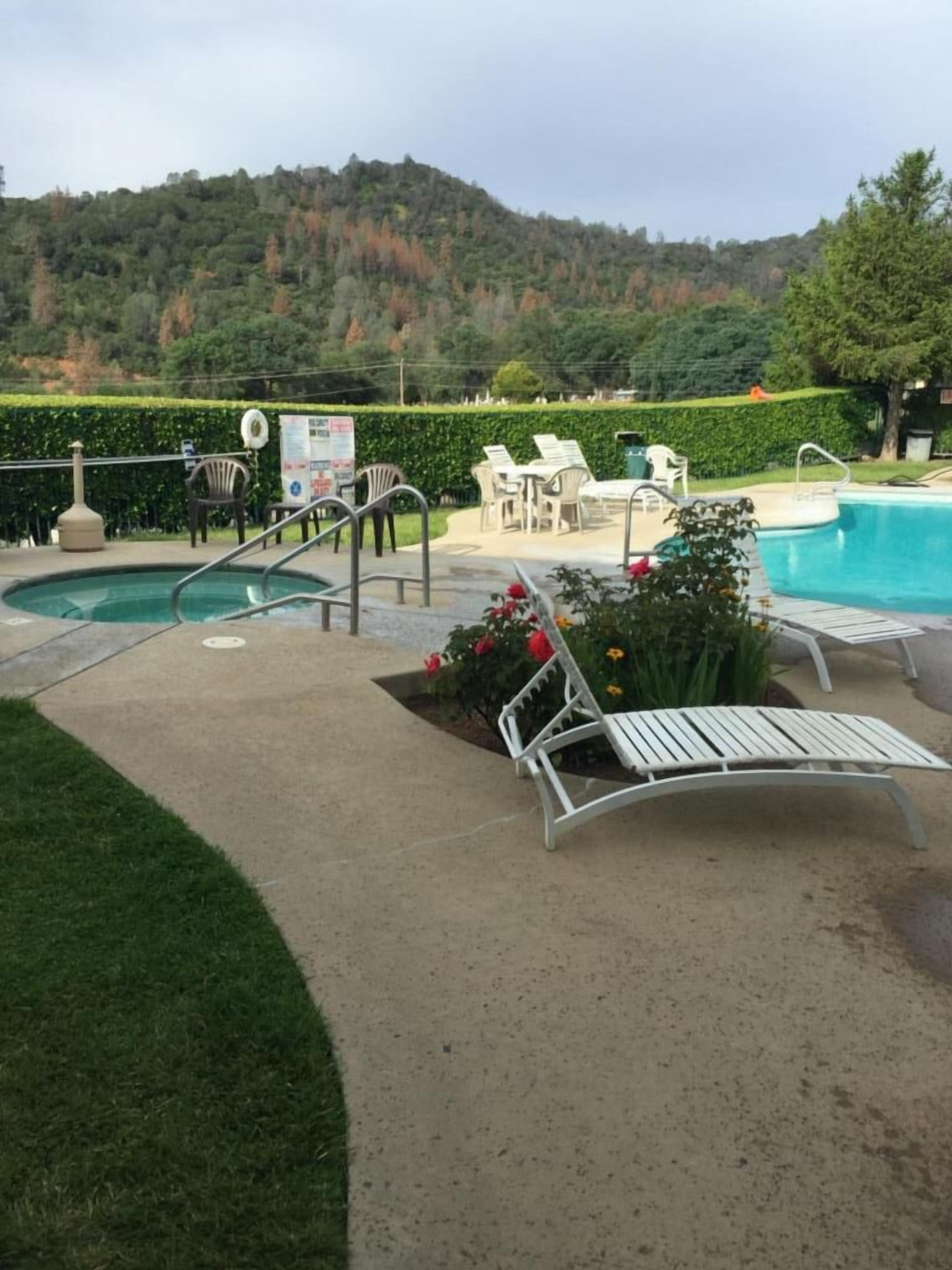 A pool area with lounge chairs, a small pool, and a landscaped garden.