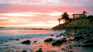 A coastal scene with a pier extending into the water, a building with a neon sign, and a rocky shoreline with palm trees. - Cliff House Inn On The Ocean (Ventura)