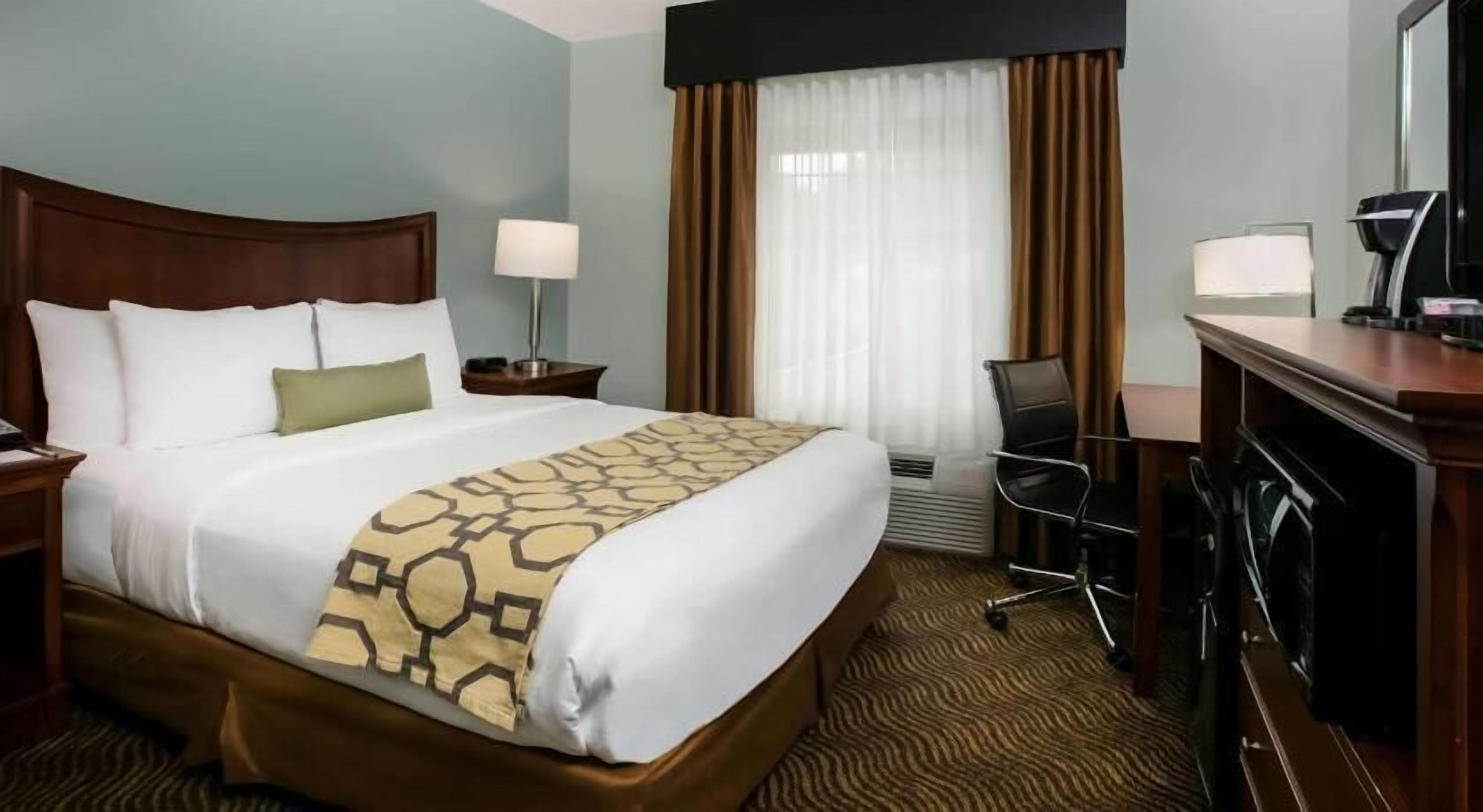 1 bedroom, desk, blackout drapes, iron/ironing board