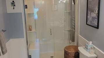 A modern bathroom with a glass shower enclosure, a toilet, and a sink.