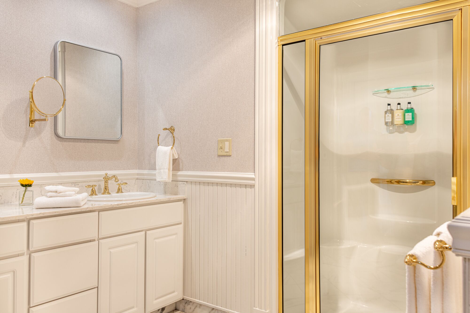 A bathroom with a double sink, a mirror, a towel rack, and a glass-enclosed shower area with toiletries.