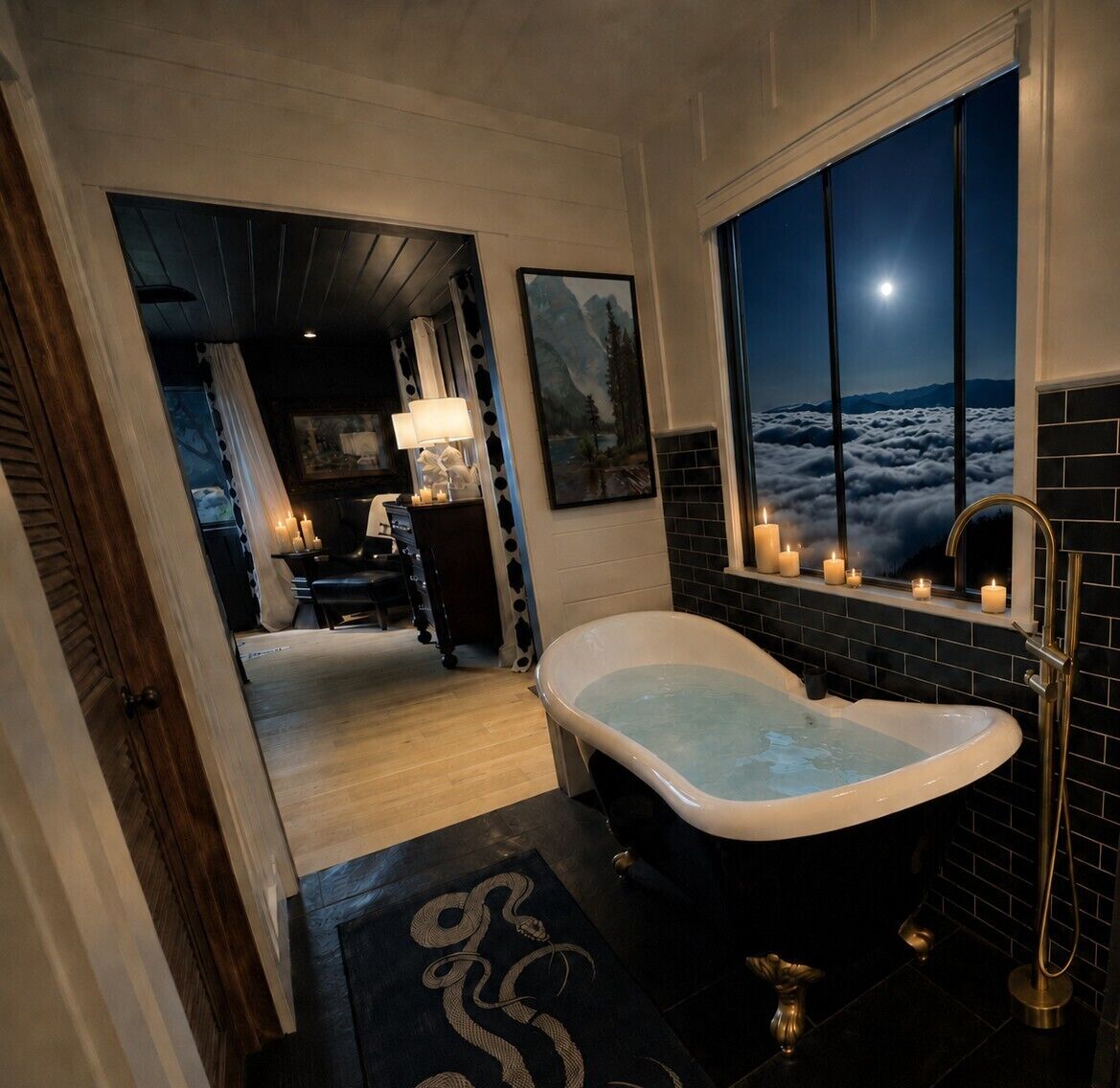 A modern bathroom with a freestanding bathtub, a window with a night view, and a dark floor.