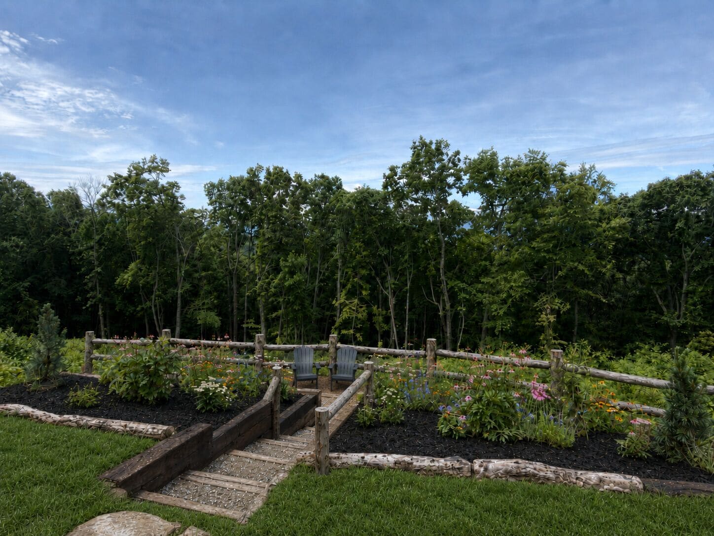 A garden with a wooden bridge, surrounded by lush greenery and a variety of flowering plants.