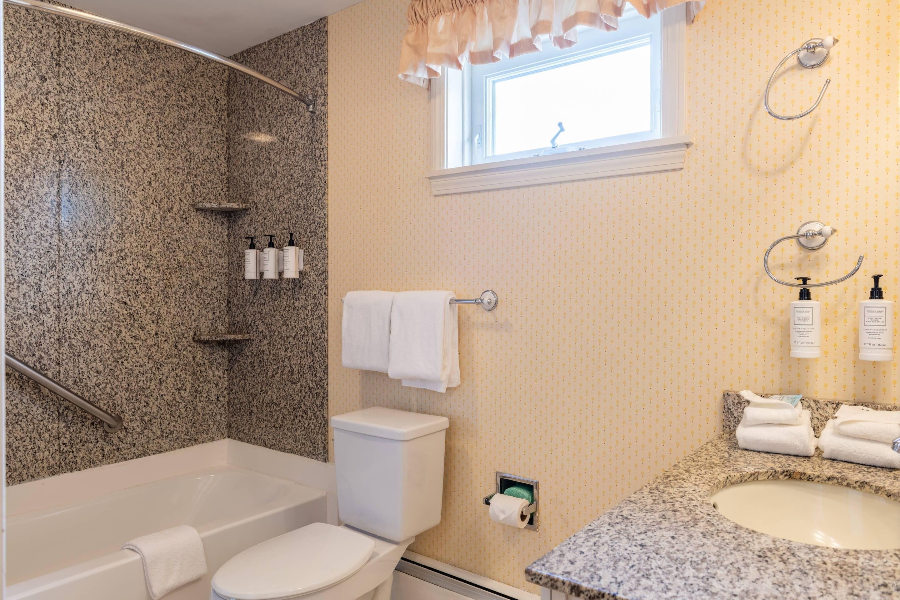 Une salle de bain avec une douche en granit, des toilettes, un lavabo avec un plan de toilette en granit et une fenêtre au-dessus du lavabo.