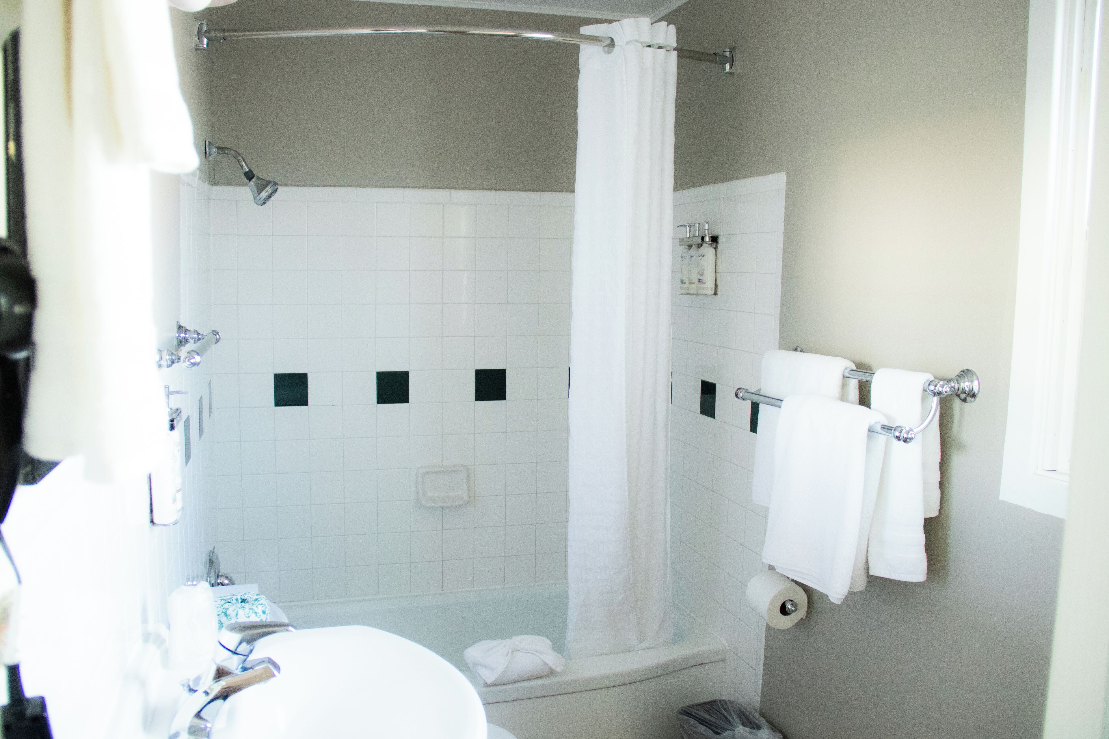 Une salle de bain avec douche, toilettes et lavabo.