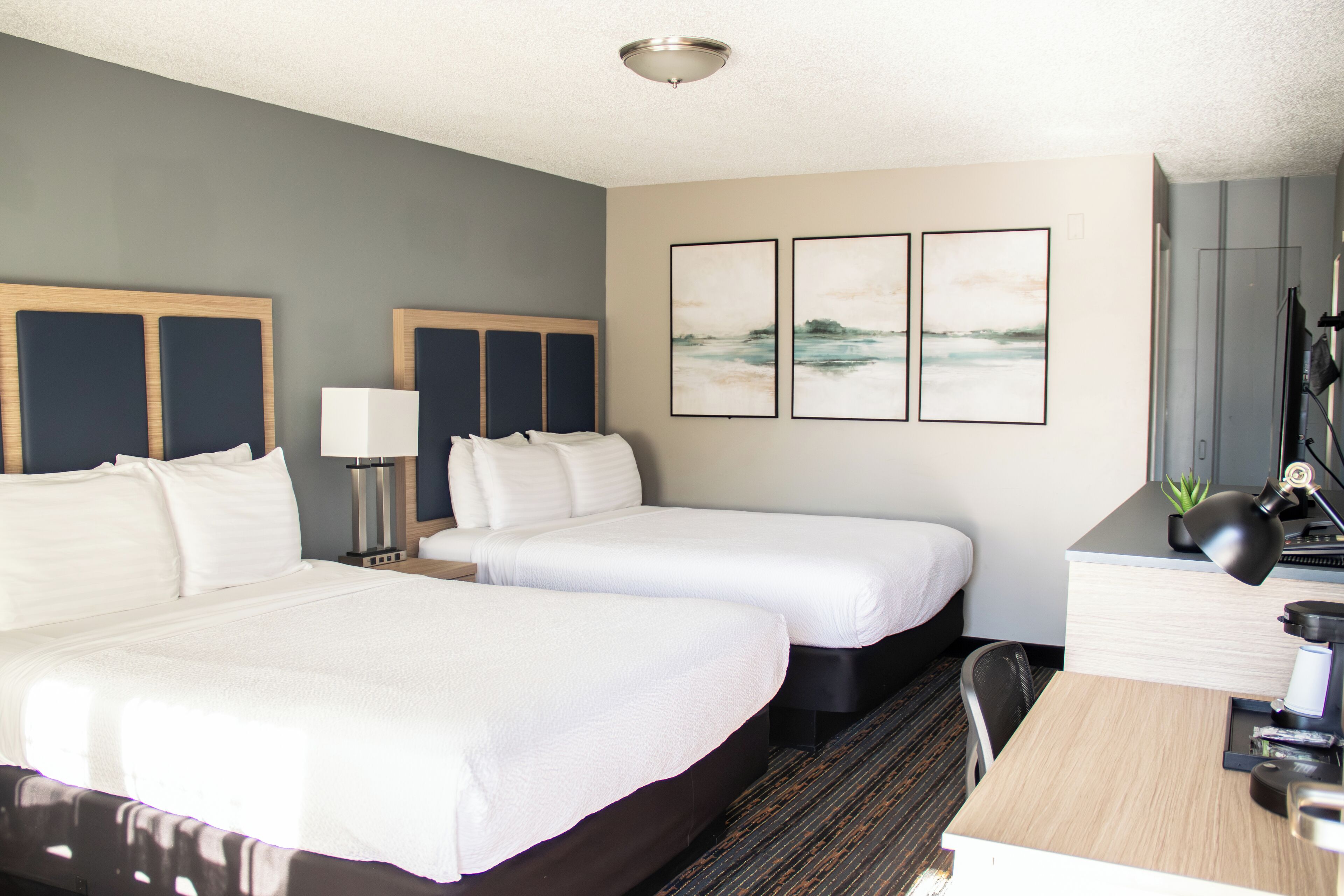 أغطية فراش متميزة وأسرّة بطبقة علوية مريحة وخزنة داخل الغرفة ومكتب