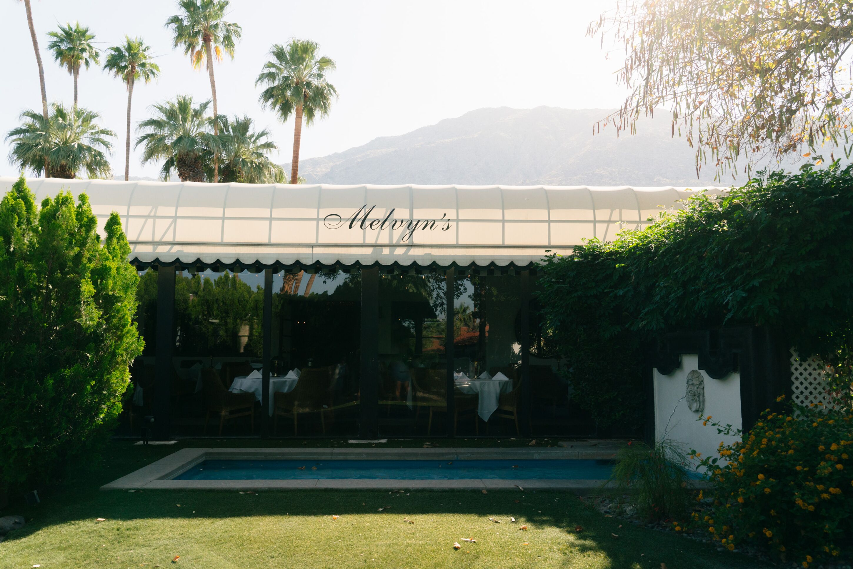 A restaurant with outdoor seating, palm trees, and a mountain view.