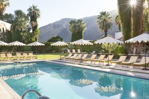 Outdoor pool, pool umbrellas, pool loungers