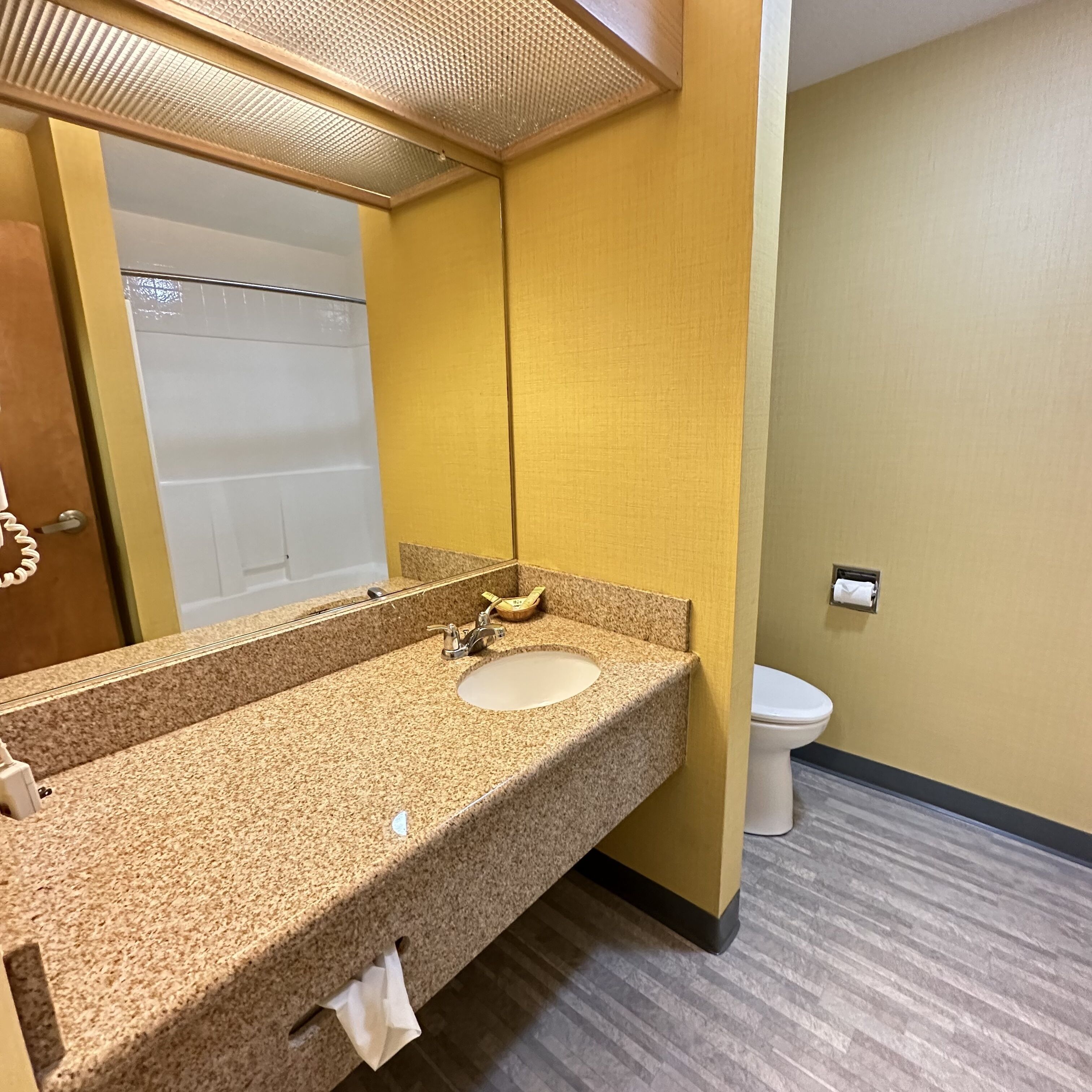 Un baño con lavamanos de granito, un espejo y un inodoro.
