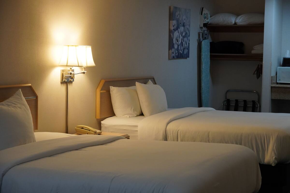 A hotel room with two beds, a bedside lamp, a telephone, and a wall-mounted artwork.
