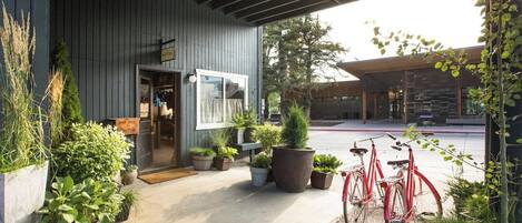 L’entrée d’un hôtel avec une façade en bois, des plantes en pot et un vélo.