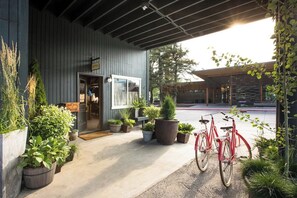 A hotel entrance with a wooden facade, potted plants, and a bicycle.