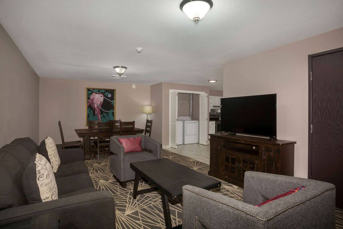 A living room with a sofa, armchairs, a coffee table, a TV, and a dining area with chairs and a table.