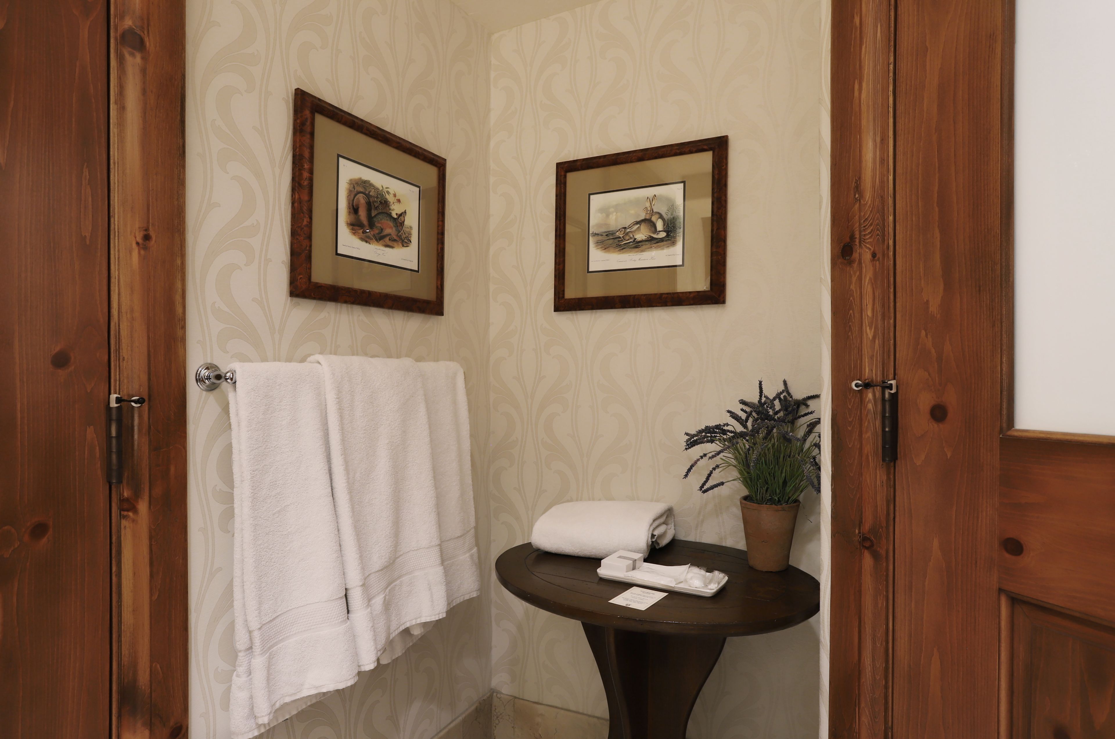A bathroom with wooden doors, a towel rack, a small table with a plant, and framed pictures on the wall.